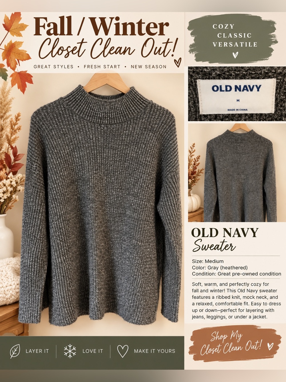 Old Navy Gray Heathered Ribbed Mock Neck Sweater
